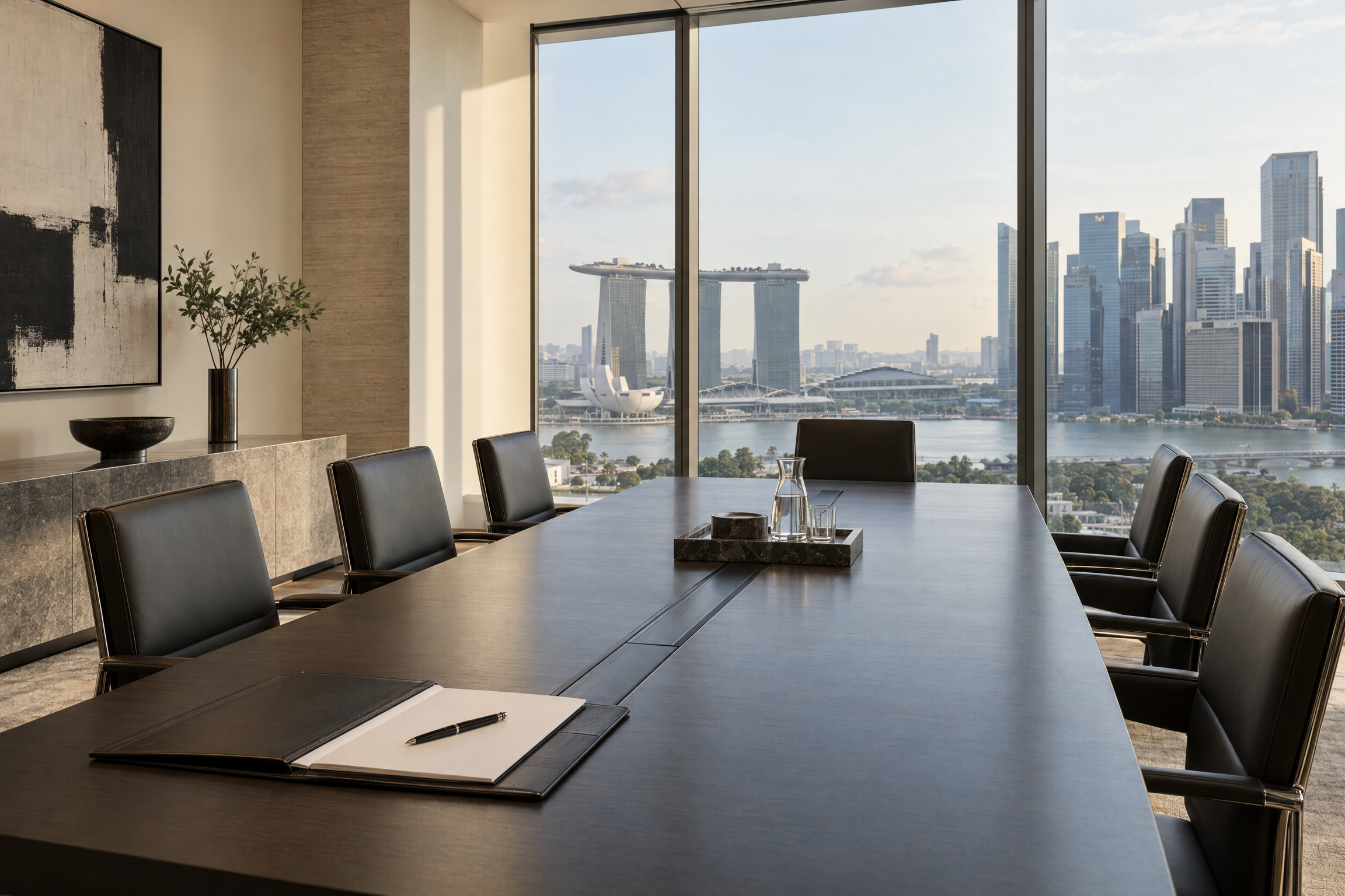 Franchising in Singapore: boardroom overlooking Marina Bay where franchise terms are negotiated
