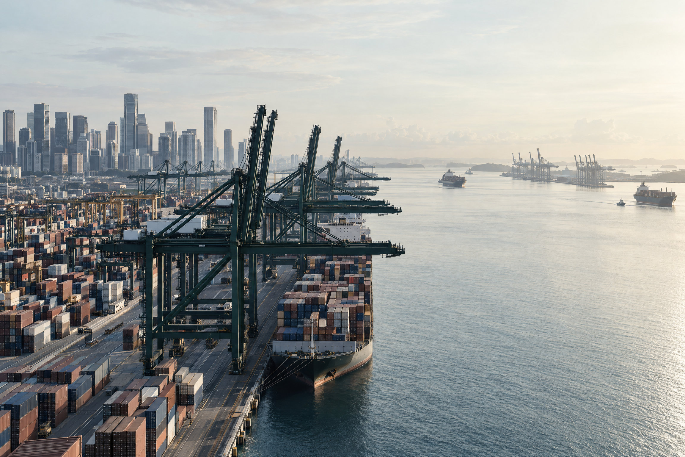 Infrastructure projects in Singapore: container port with cranes and city skyline